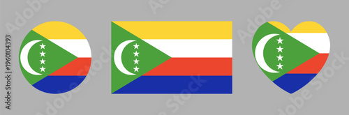 Free Download National Comoros flag heart shaped, round, rectangular button, sticker. Flag of Comoros icon, badge, banner in circle, heart, rectangle shapes. - GFXLoad