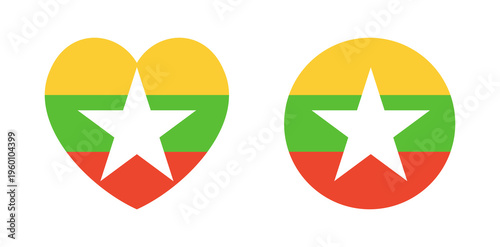 Flag of Myanmar icon. Set of heart shaped, round national flag of Myanmar background, sticker. Heart, circle flag of Myanmar badge, button. Banner flag Myanmar.