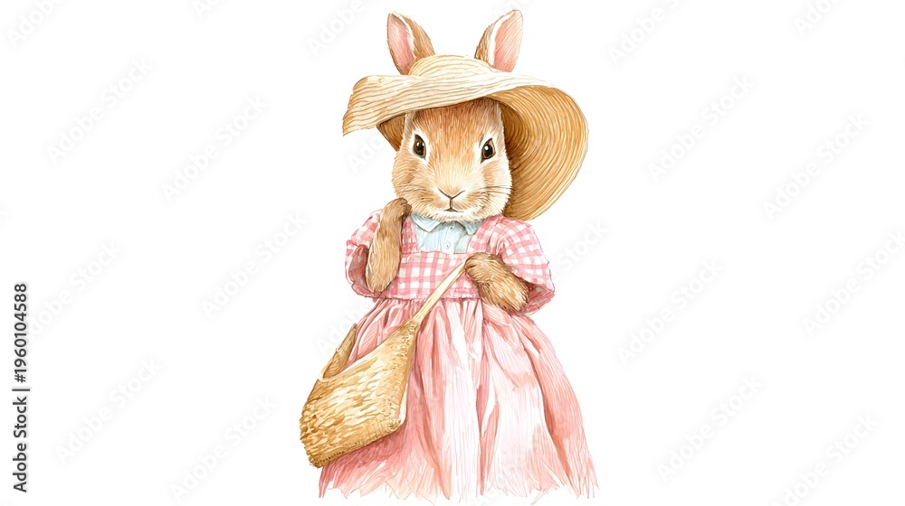 Obraz premium Cute Easter bunny character wearing a pink check dress. Hand-drawn watercolor illustration for nursery decor. Sweet rabbit in a straw hat on a white background.