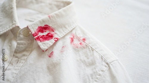White shirt stained with red lipstick kiss mark on collar. Evidence of cheating or infidelity in relationship. Romantic betrayal, jealousy and secret affair concept in modern marriage.