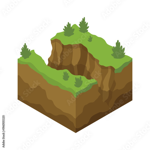 Soil layers and gorge vector isometric element. Platform of texture of soil. Game design ground 3d isometric tile. Nature landscape in 3d style interface