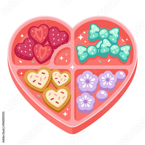Heart shaped box of assorted sweet treats candies and cookies for valentine
