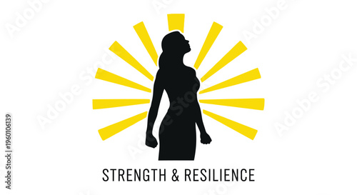 Silhouette of strong woman with sunburst rays symbolizing strength and resilience in minimalist design
