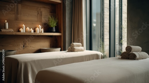 Wallpaper Mural Therapy stress release treatment, health lifestyle. A tranquil spa room with two massage tables adorned with neatly folded towels, a wooden shelf with candles and a potted plant. Torontodigital.ca