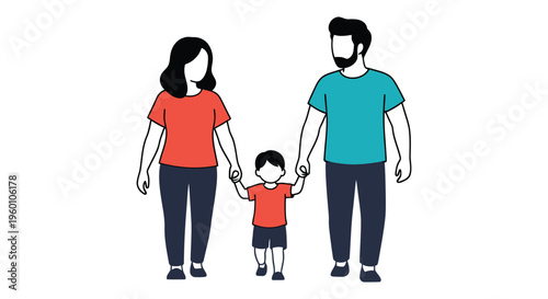 Family Holding Hands, Parents and Child Walk Together in Simple Vector Illustration