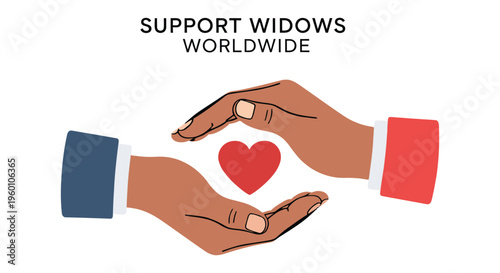 Hands protecting red heart symbolizing support and care for widows worldwide
