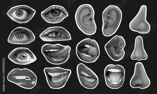 Grunge sticker pack of halftone monochrome human facial features including lips, eyes, noses, and ears with grainy textured effect.