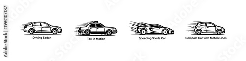 A set of four dynamic car icons showing speed motion: a sedan, a taxi, a sports car, and a hatchback with stylized fast driving lines.