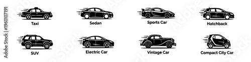 A detailed visual guide displaying eight distinct black silhouette car types, from classic taxis to modern electric cars, with labels and speed lines.