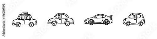 A set of four hand-drawn doodle icons featuring a taxi, a classic sedan, a sleek sports car, and a small compact city car in a sketchy style.