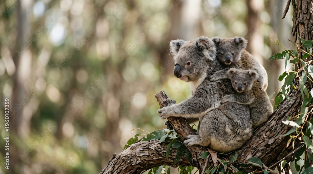 Fototapeta premium Koala mother carrying baby on back sitting on tree branch. Wild animal family in forest environment. Australian wildlife nature conservation. Fauna inhabitant of eucalyptus woodland.