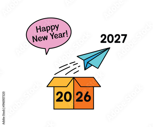 Paper airplane flying out of 2026 box towards 2027.