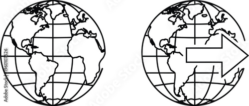 Two black and white globes depicting the united states and its territories in different orientations Vector