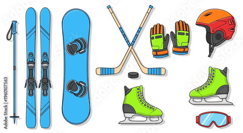 Winter sports equipment including skis snowboard skates and hockey gear