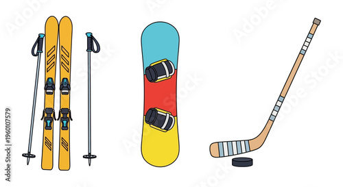 Cartoon illustration of skis a snowboard and a hockey stick