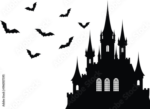 A gothic castle silhouette with bats flying in the night sky