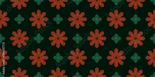 Vector seamless pattern with Christmas stars and geometric flowers. Modern festive background texture with linear snowflakes, crosses. Repeated design for holiday decoration, textile, wallpaper, print