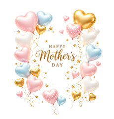 Happy mother's day with colorful heart balloons and confetti as PNG cutout isolated on transparent background