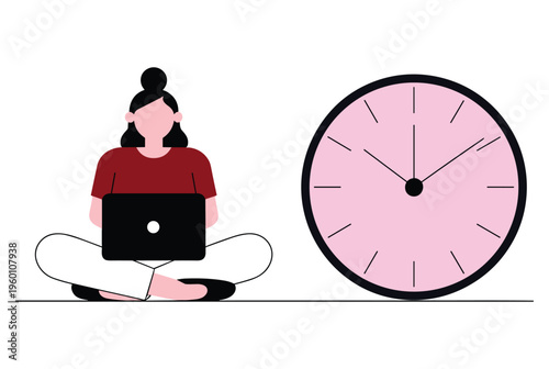 Woman working laptop sits next to clock.