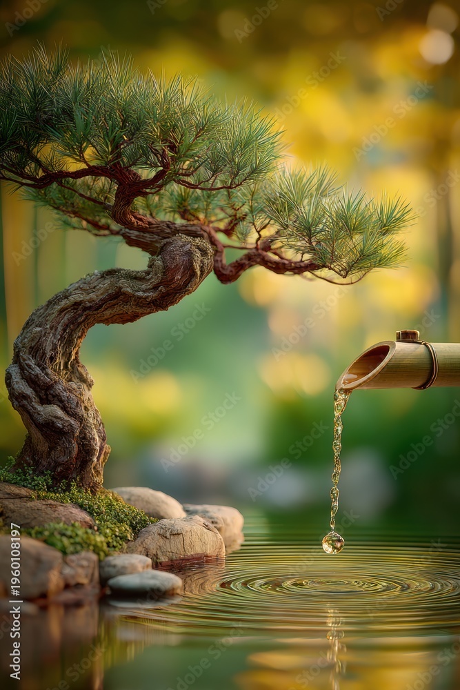 Fototapeta premium Zen Buddhism, meditation, inner peace, Chinese Japanese Asian tradition. Therapy stress release treatment, health lifestyle. A tranquil scene of a bonsai tree in a Japanese garden.
