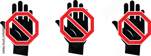 Three graphic hands displaying a universally recognized prohibition symbol. Vector