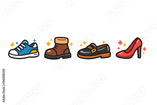 Cartoon set of four shiny footwear icons including sneaker, brown boot, black buckle shoe, and red high heel on a clean white background