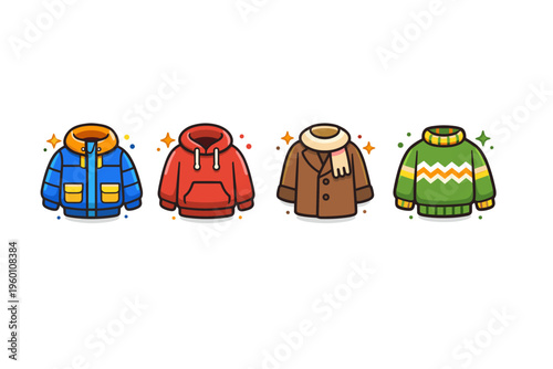 Colorful set of winter clothing icons featuring a puffer jacket, hoodie, coat, and patterned sweater in a cute cartoon style on white