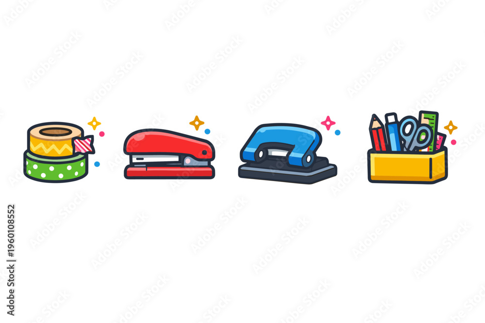 Naklejka premium Colorful cartoon stationery icons featuring decorative tape roll, red stapler, blue hole punch, and pencil holder with office supplies on white