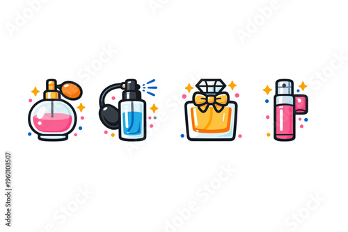 Colorful cosmetic perfume icons set featuring fragrance bottles, spray atomizers, and sparkling gift packaging in clean flat illustration style
