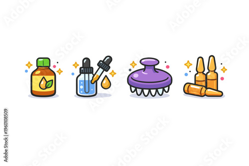 Colorful skincare and haircare icons featuring oil bottle, serum dropper, scalp massager brush, and ampoules for beauty treatment routine