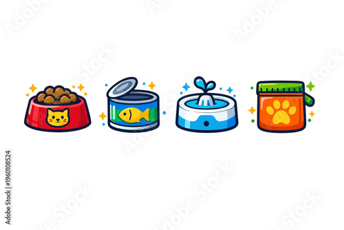 Colorful cartoon pet food containers set featuring a cat kibble bowl, fish tin, water fountain dish, and treats jar icons on white background