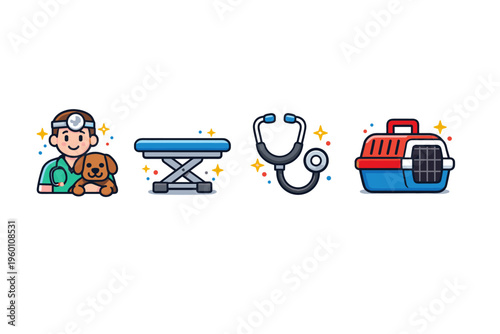 Veterinary care icons showing a vet holding a dog, an examination table, a stethoscope, and a pet carrier for animal clinic services