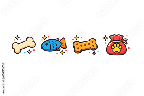 Cute colorful cartoon pet treats icons set featuring bone, fish, biscuit, and paw-print snack bag with sparkles on a white background