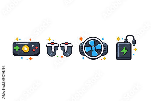 Colorful vector icons of gaming controller, VR headset, cooling fan, and rechargeable battery pack with sparkles, representing modern electronics and power