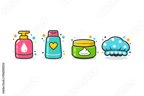 Colorful cartoon skincare and bath icons featuring pump soap bottle, lotion container with heart label, cosmetic cream jar, and foaming bath sponge