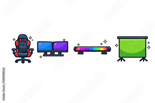 Cartoon gaming streaming setup icons featuring an ergonomic chair, dual monitors, colorful LED light bar, and collapsible green screen backdrop