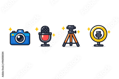 Colorful flat vector icons of camera, studio microphone, video tripod, and ring light with smartphone for content creation and recording