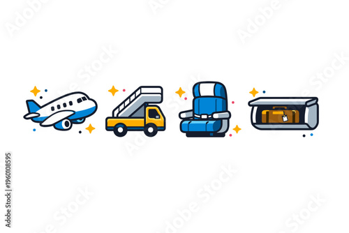 Travel transportation icons featuring airplane, service truck, passenger seat, and suitcase luggage in clean flat cartoon style illustration