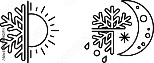 Contrasting weather symbols of sun with snowflakes and moon with snow and rain. Vector