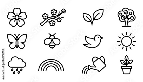 Spring Line Icons Set – Nature, Flowers and Seasonal Growth Outline Symbols