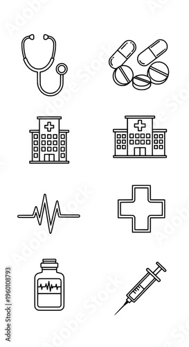 Medical icons depict healthcare symbols and hospital buildings with equipment
