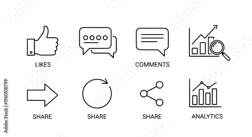 Social media engagement icons displayed with likes comments and analytics