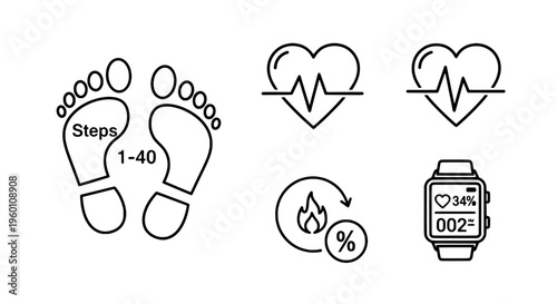 Fitness icons show footprints heart rate and smartwatch data tracking exercise