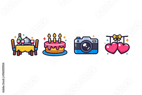 Cute colorful celebration icons set with dinner table, birthday cake with candles, compact camera, and hanging heart cherries for festive occasions