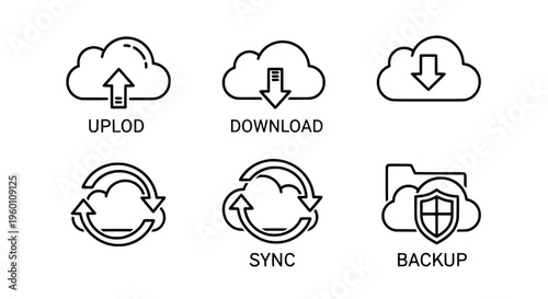 Cloud icons illustrate upload, download, sync, and backup actions.