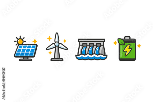 Clean energy icons set showing solar panel, wind turbine, hydropower dam, and rechargeable battery for sustainable electricity generation