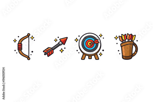 Colorful archery equipment icons set featuring bow, arrow, target bullseye on stand, and quiver of arrows in clean cartoon style