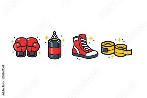 Cartoon boxing equipment set featuring red gloves, hanging punching bag, high-top sneaker, and yellow hand wraps in a clean flat icon style
