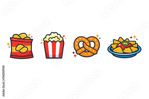 Colorful cartoon snack icons featuring a bag of chips, striped popcorn tub, salted pretzel, and a plate of nachos with garnish on white background