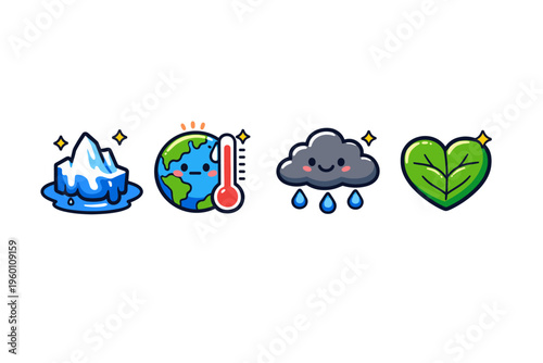 Cute climate change icons showing melting ice, warming planet with thermometer, rainy cloud, and green leaf symbolizing global warming and sustainability